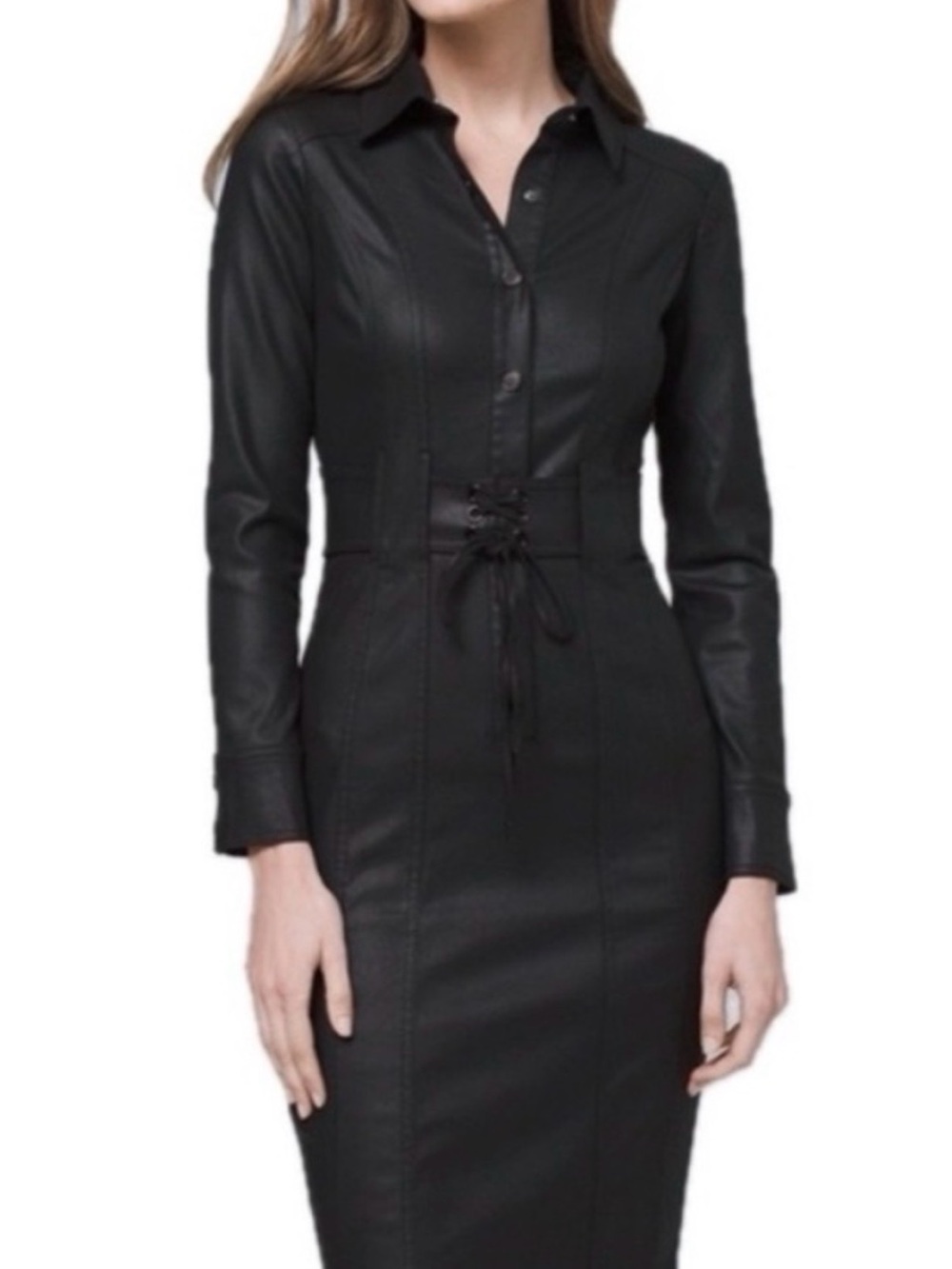 White House Black Market Black Faux Leather Lace-Waist Shirt Jacket